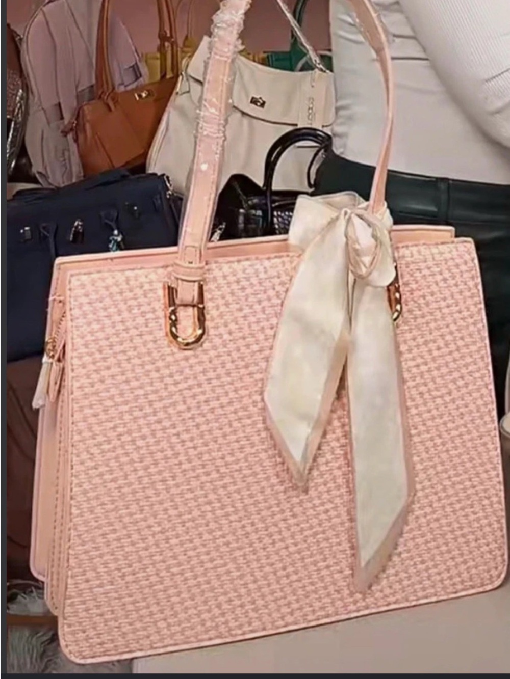 Chic Blush Pink Woven Tote with Scarf Accent